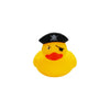 A yellow rubber duck bath toy with a black top and facial features.