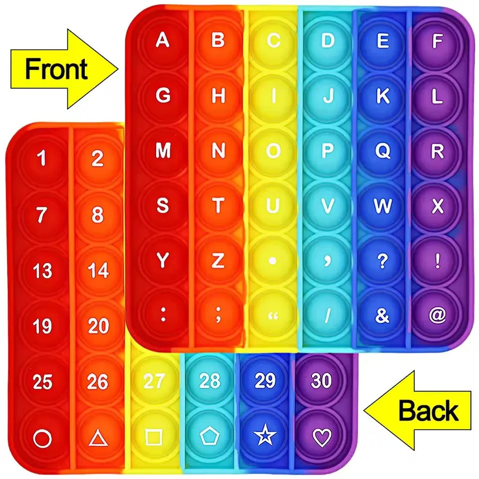 A colorful 2-in-1 alphabet and number fidget popper toy showing letter and number combinations.