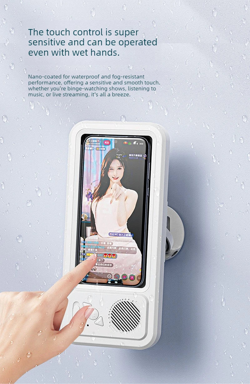 A hand touches a white waterproof shower phone holder with a smartphone displaying a woman's face.