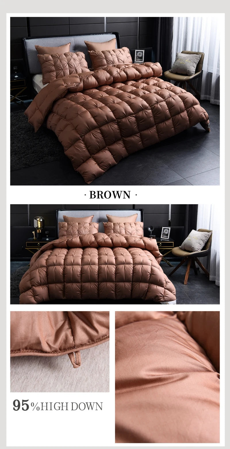 Brown quilted duvet cover and bedding set displayed on a bed.