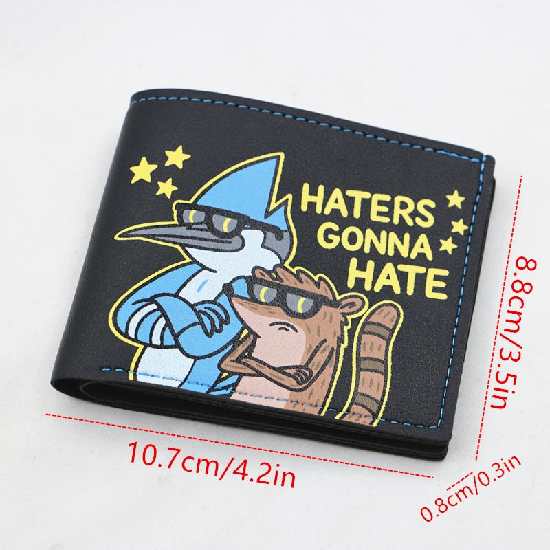 Portefeuille pliable noir PU avec un personnage de dessin animé, lunettes de soleil et tête bleue hérissée, avec le texte "Ha