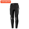 Black riding pants featuring protective armor panels for motocross or similar activities.