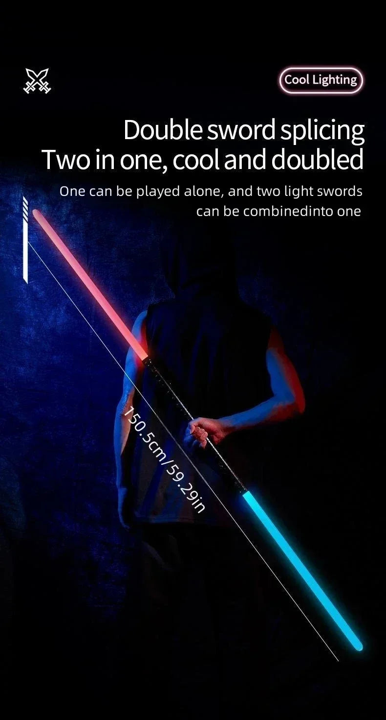 A glowing pink and blue lightsaber is held by a person against a dark background.