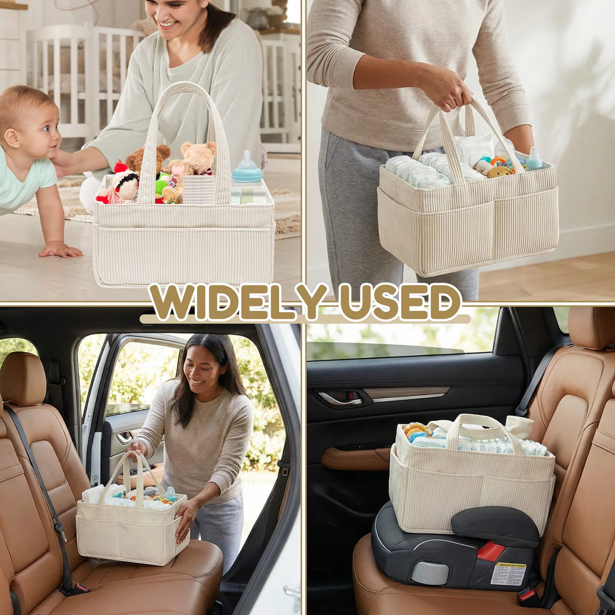 A beige corduroy baby diaper caddy organizer with handles is shown being used in various contexts.
