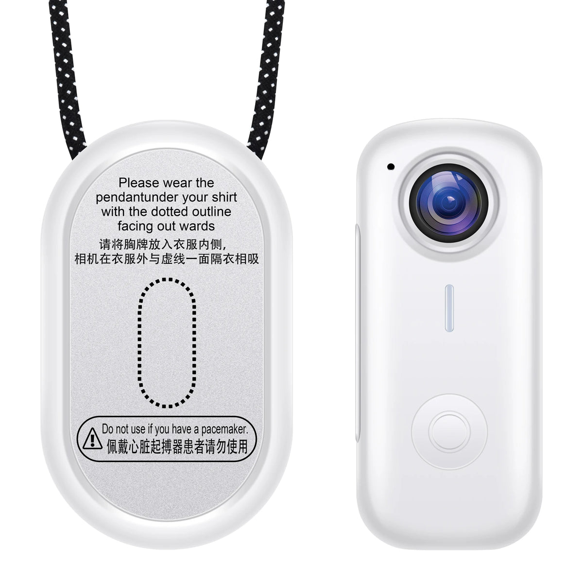 A white compact vlogging camera with a black lanyard and a round lens is shown.