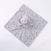 A gray baby comforter featuring a cute stuffed bear design with small white floral patterns.