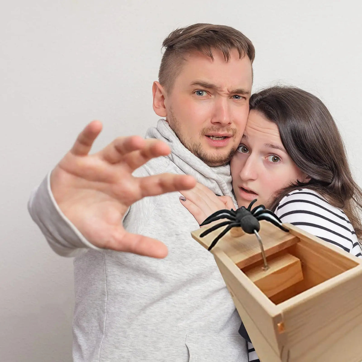Wooden Surprise Prank Box with Jumping Spider