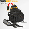 A black ToughBuilt electrician tool pouch with a belt clip and kickstand is shown.