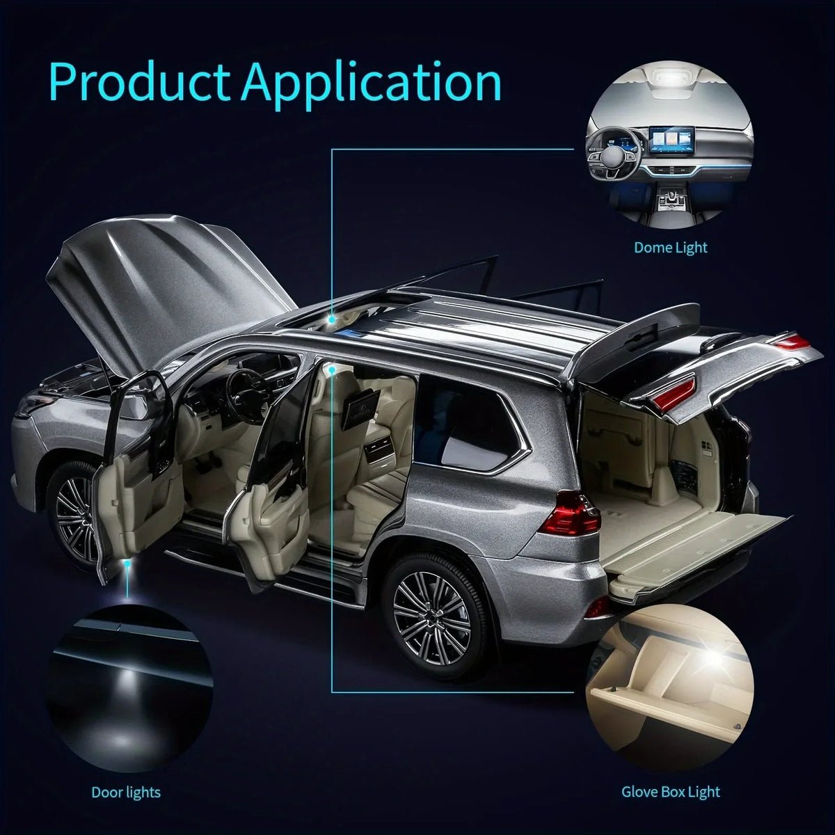 A silver car interior showing various LED light applications including dome lights, door lights, and glove box lights.