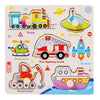 Wooden 3D jigsaw puzzle featuring various vehicles like trains, helicopters, fire trucks, excavators, and ships.