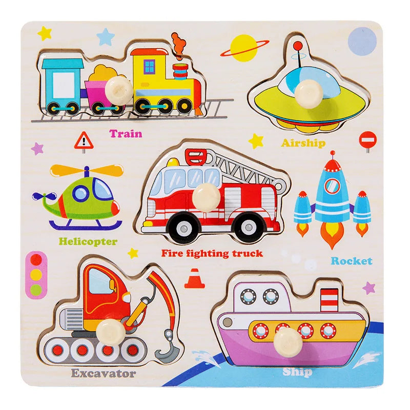 Wooden 3D jigsaw puzzle featuring various vehicles like trains, helicopters, fire trucks, excavators, and ships.