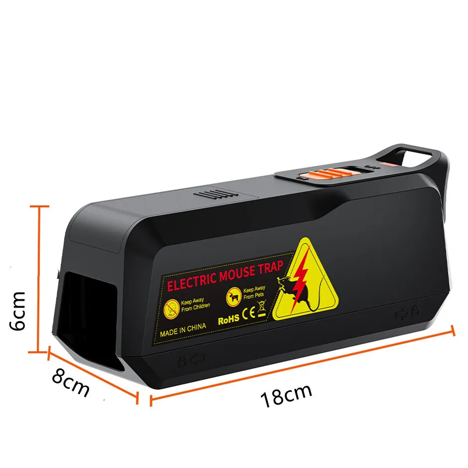 A black electric mouse trap device shown with dimensions and a yellow warning label.