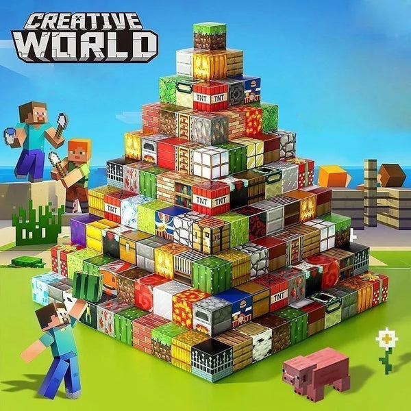 Une tour de blocs magnétiques colorés et de caisses en bois sur un champ vert avec des figurines.