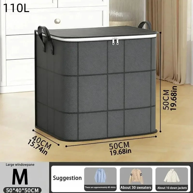 A gray foldable storage organizer bag with a lid is shown next to a measurement scale.