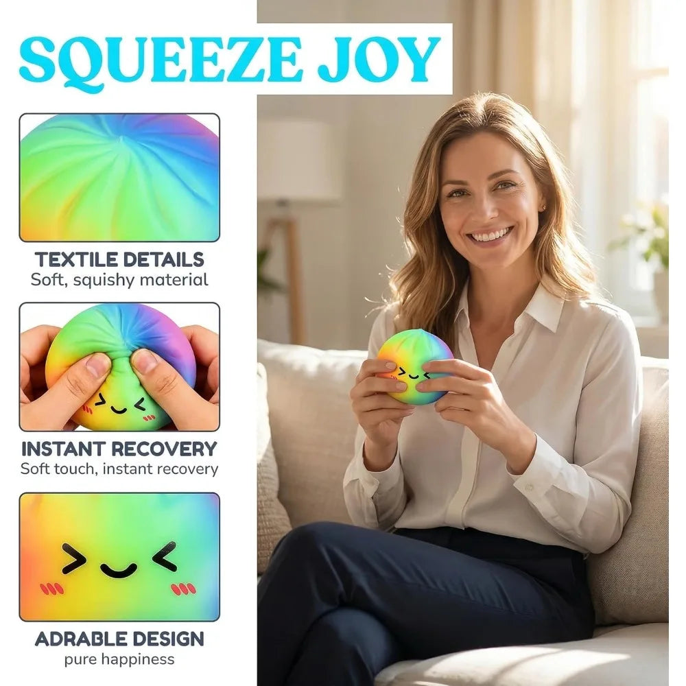 A smiling woman holds a colorful squishy toy in her hands, demonstrating the instant recovery of the textile product.