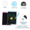 An 8.5 inch LCD writing tablet for kids shown with a stylus, screen lock, erase button, and replaceable battery.