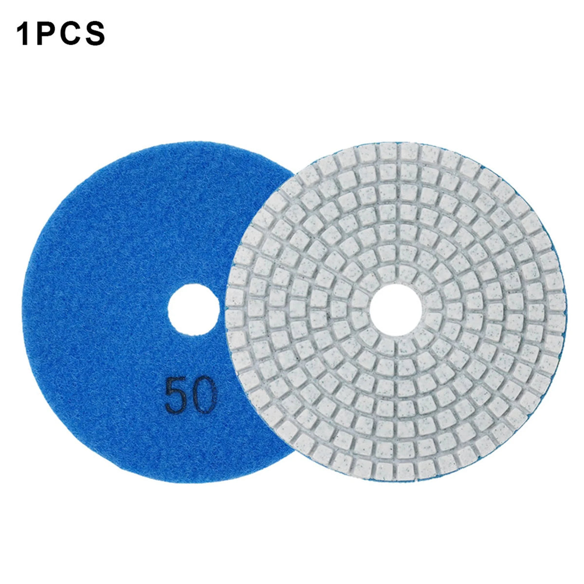 A set of two diamond polishing pads, one blue and one gray, for stone and concrete work.