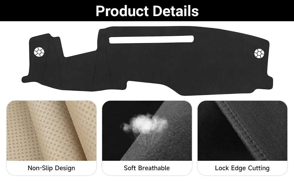 Black custom fit dash cover mat for Chevy Silverado and GMC Sierra showing non-slip, soft breathable, and lock edge cutting f