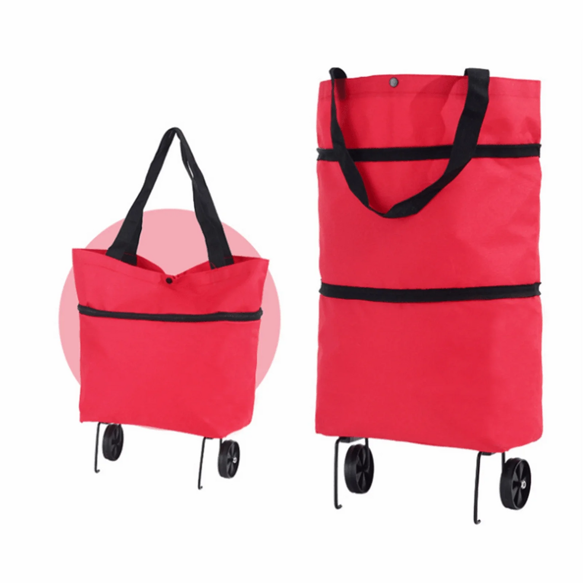 A bright red foldable rolling shopping bag with black handles and wheels.