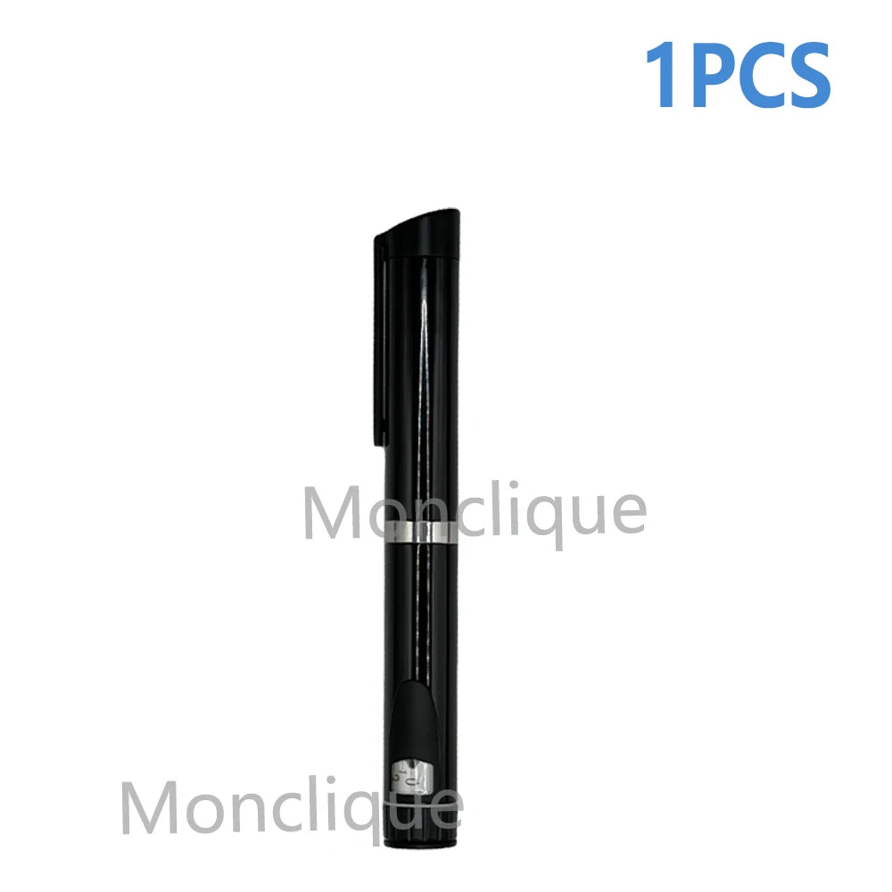 A black reusable metal injection pen with a dispenser tip is shown.