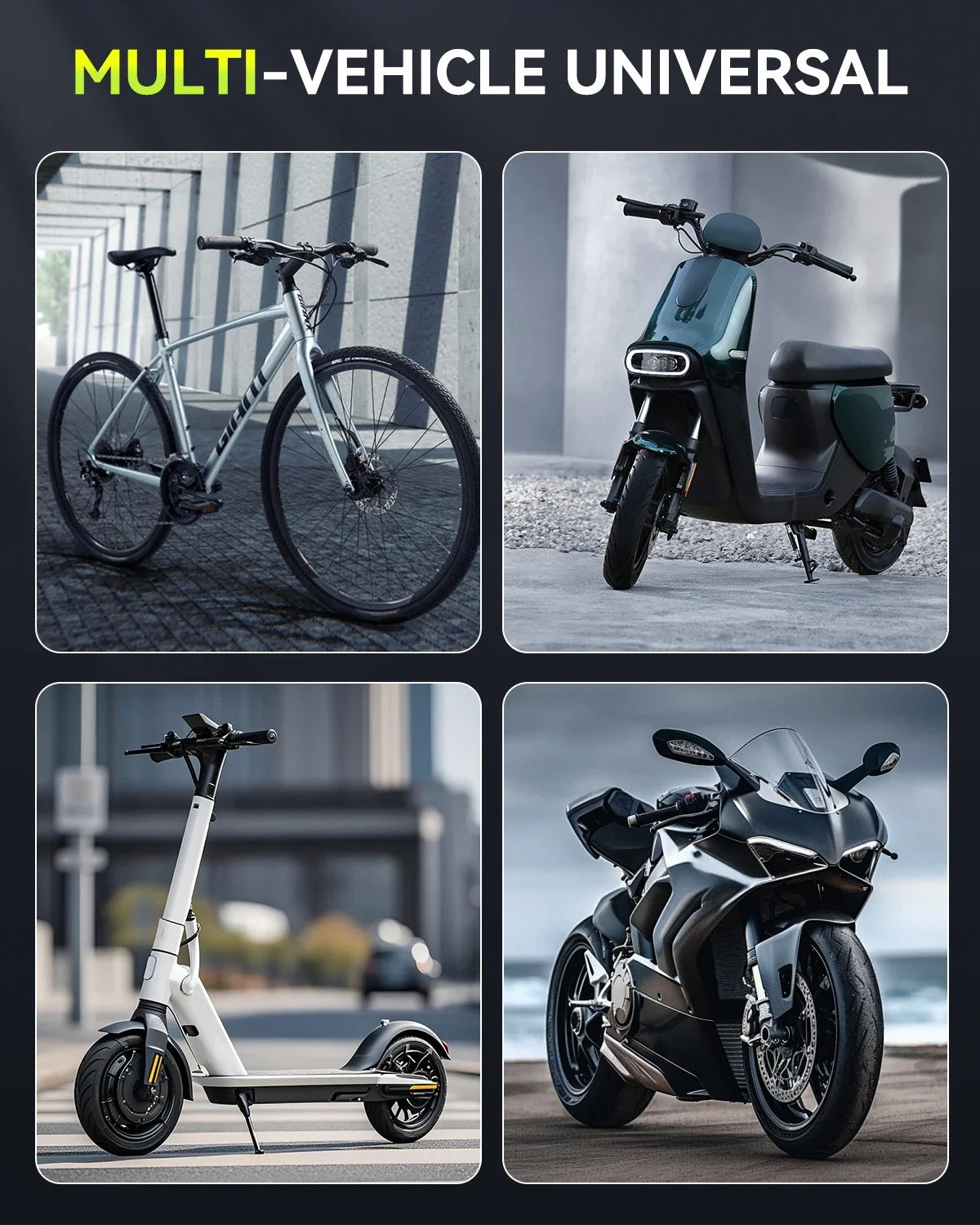 A collage showing a motorcycle, an electric scooter, and a modern electric vehicle.