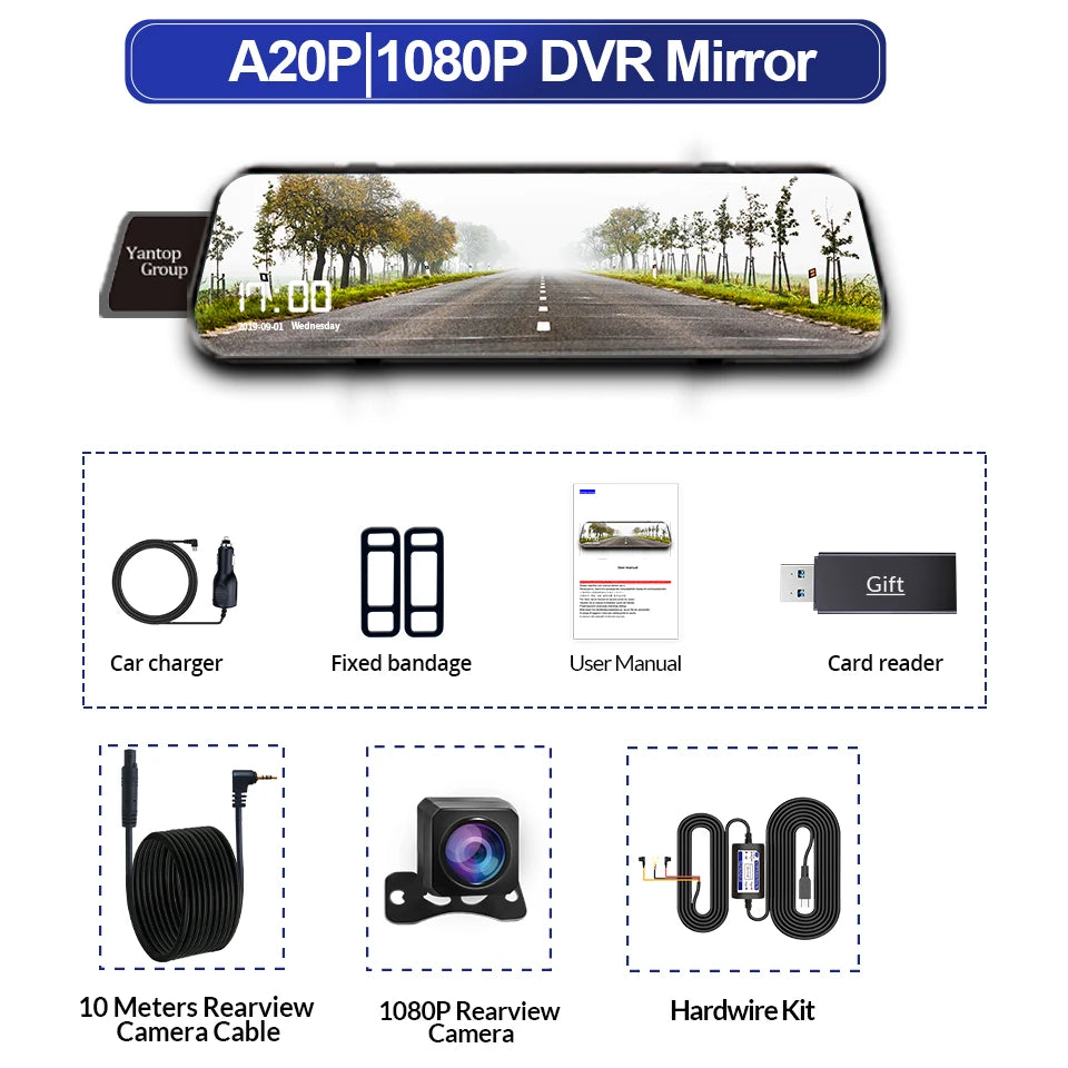 1080P DVR Spiegel-Produkt mit Komponenten wie Ladekabel, Verband, Handbuch und Kartenleser