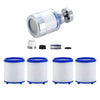 A faucet water filter purifier with a metal head and four white filter cartridges.