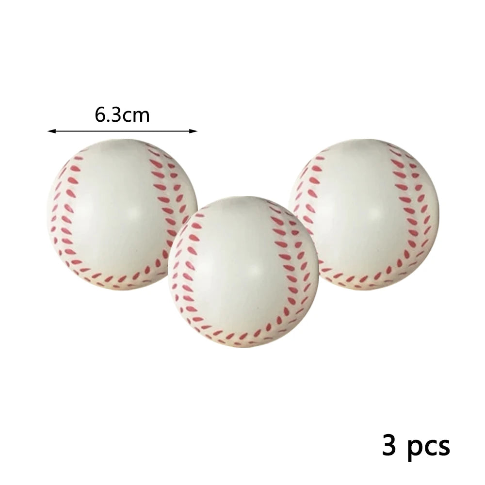 Three white foam stress balls with red speckles, measuring 6.3cm each.