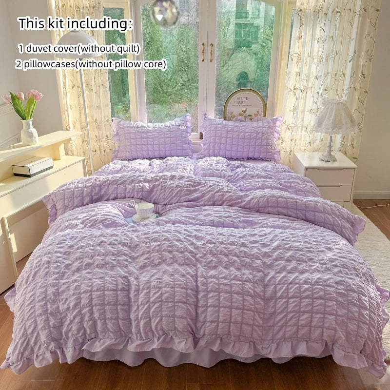 Seersucker Duvet Cover Set with Lace Trim