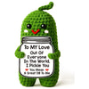 Handmade green crochet animal doll with a message card that reads To My Love Out Of Everyone In The World I Pickle You You Me