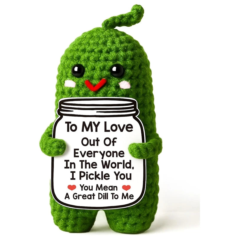 Handmade green crochet animal doll with a message card that reads To My Love Out Of Everyone In The World I Pickle You You Me