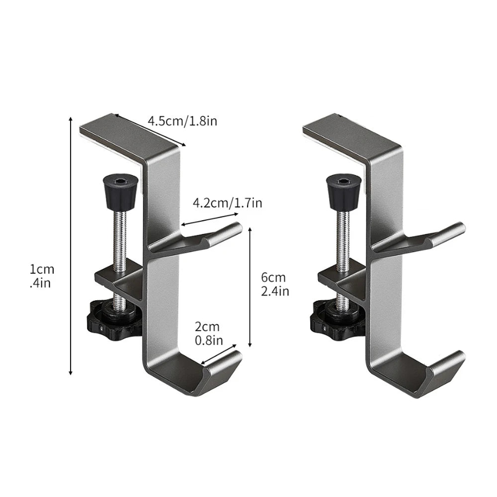 A pair of silver aluminum desk hooks with adjustable lengths and black mounting bases.