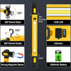 A yellow magnetic rechargeable COB work light featuring a rotating body, swivel hooks, and a 5200mAh battery.
