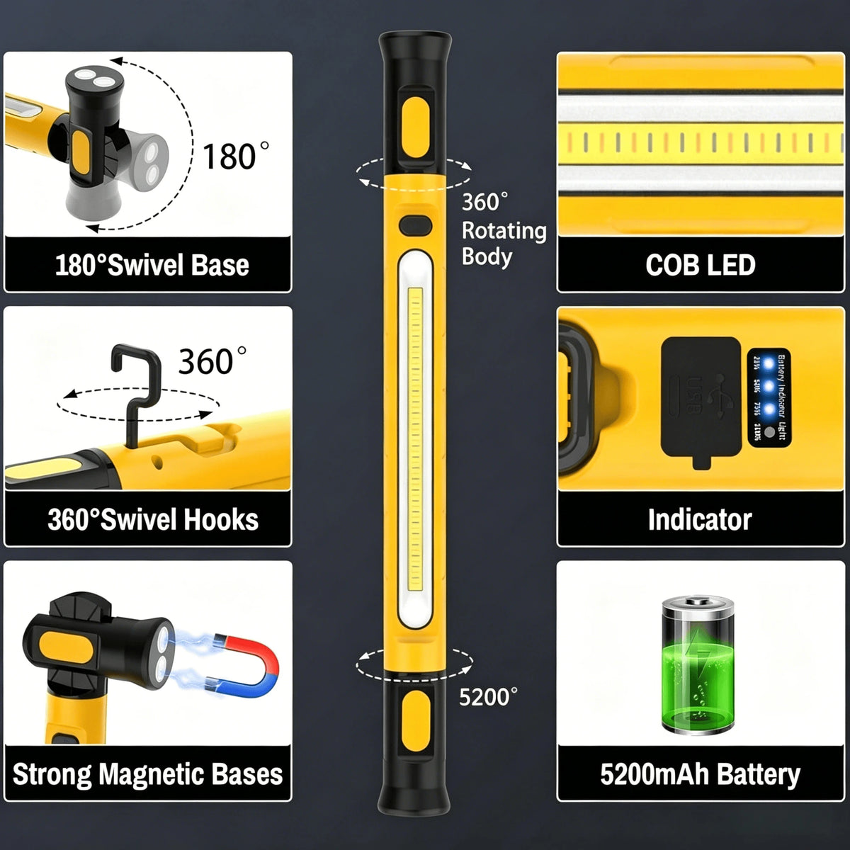 A yellow magnetic rechargeable COB work light featuring a rotating body, swivel hooks, and a 5200mAh battery.