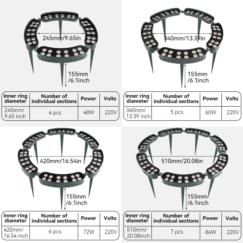 Set of three tree-hugging LED garden lights with ground spikes, featuring various ring diameters and power outputs.