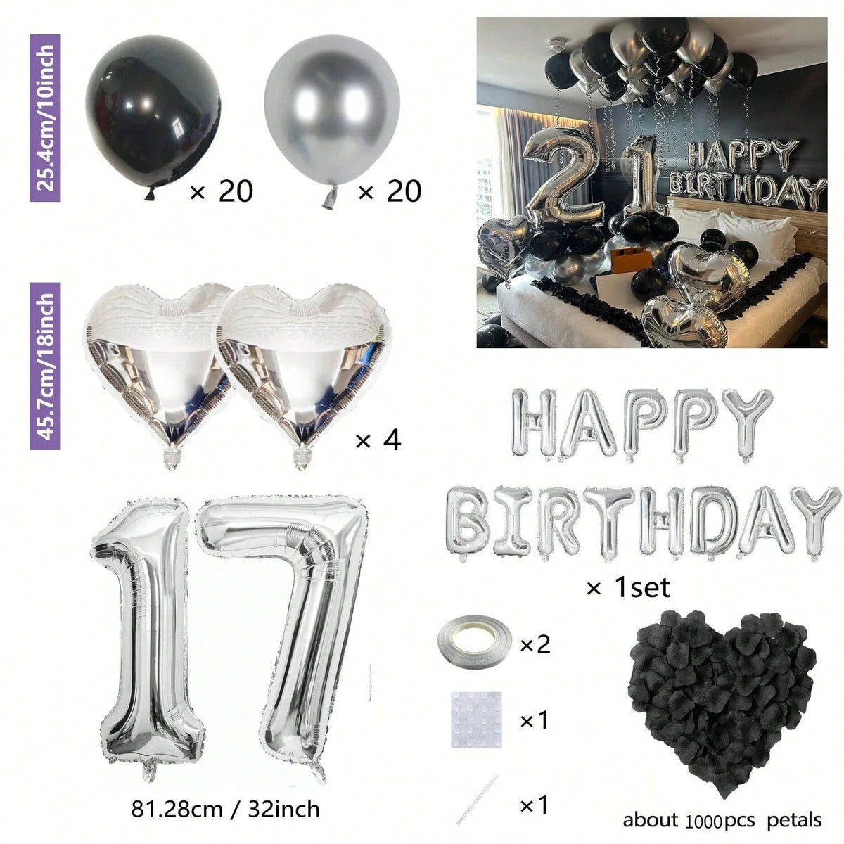 Set mit Partyballons in Silber und Schwarz, Herz- und Zahlenballons