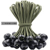 A bundle of heavy-duty ball bungee cords in olive green and black, used for camping and tarps.