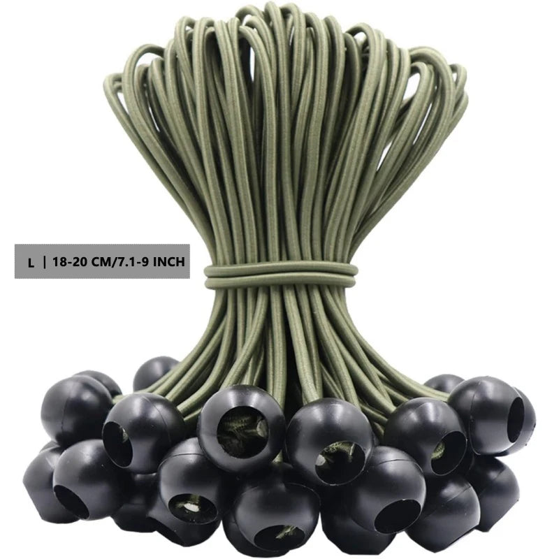 A bundle of heavy-duty ball bungee cords in olive green and black, used for camping and tarps.
