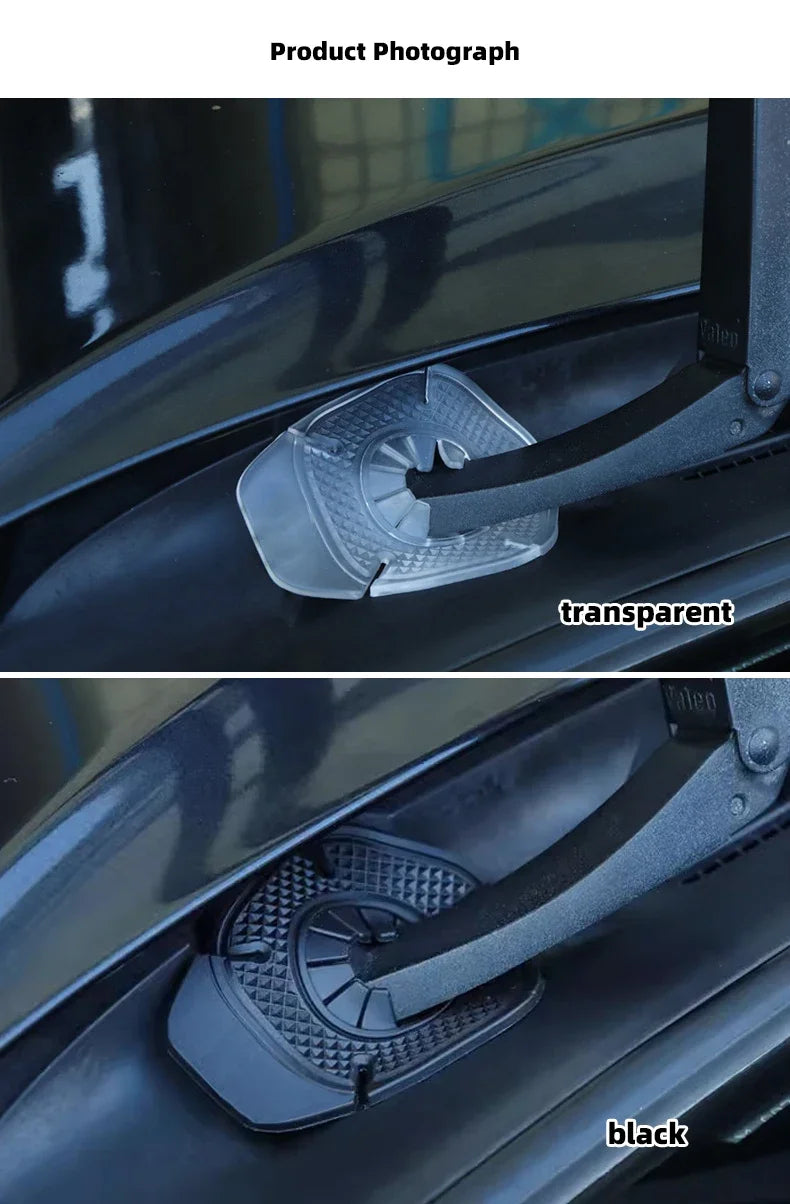 Close-up photograph of a transparent and black car windshield wiper hole protective cover.