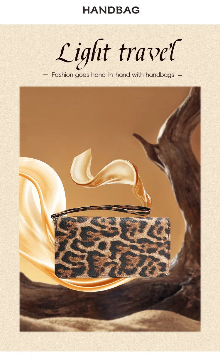 A brown leopard print clutch bag is displayed against a warm, earthy background with flowing gold fabric.