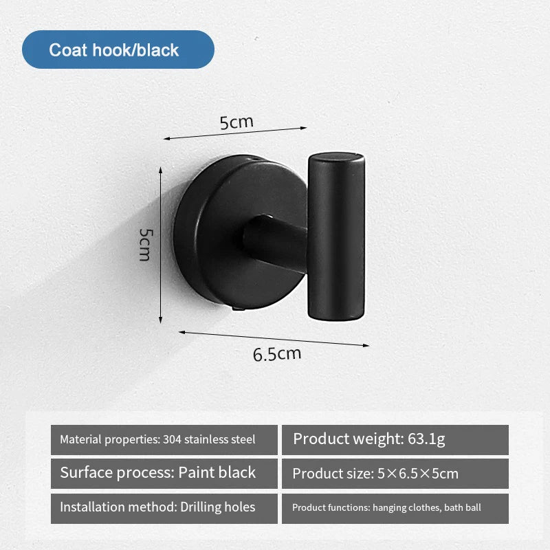 Black coat hook with a cylindrical bar, made of stainless steel for hanging clothes.