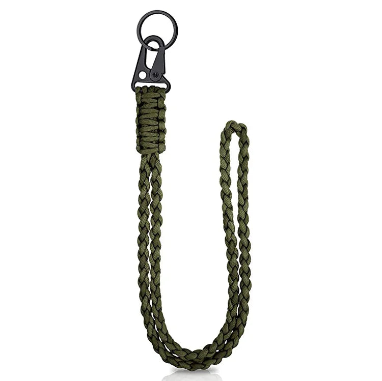 Heavy-duty 550 paracord neck lanyard with a metal clip and key ring in olive green.
