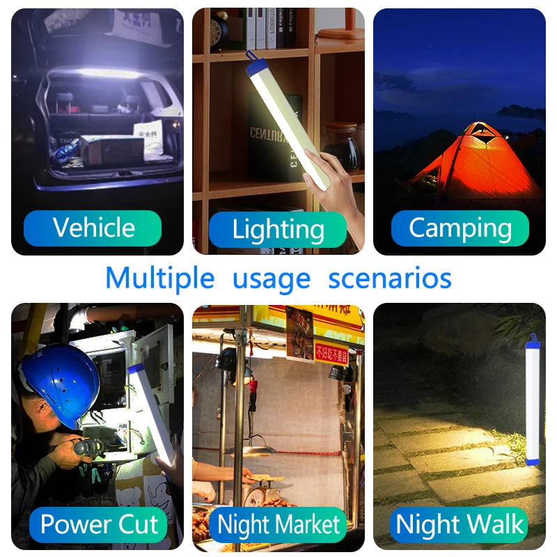 A rechargeable LED magnetic light bar used in various scenarios including vehicle lighting, camping, power cut situations, ni