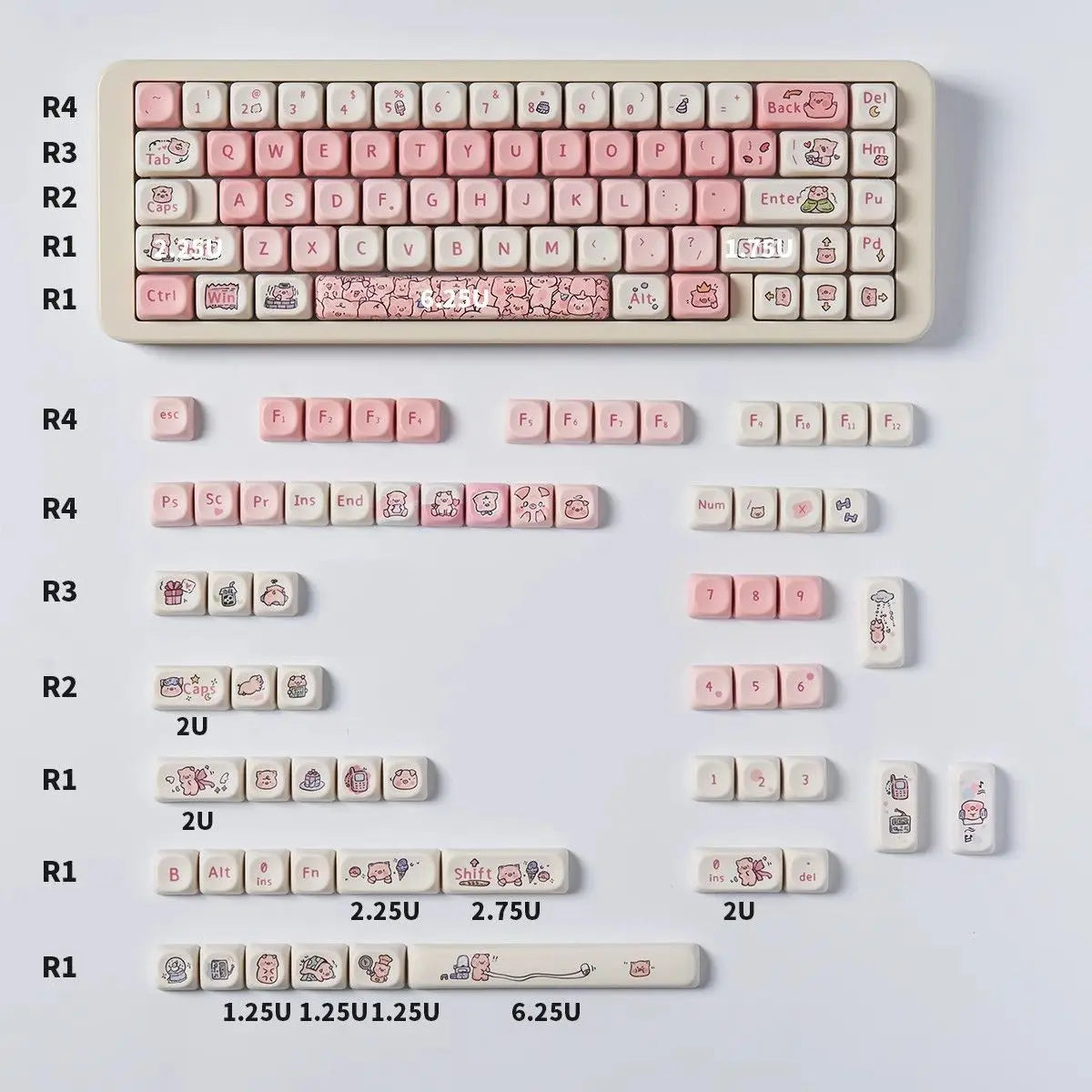 A layout of Ocean Blue MOA Profile PBT keycaps for mechanical keyboards, showing various sizes and colors.