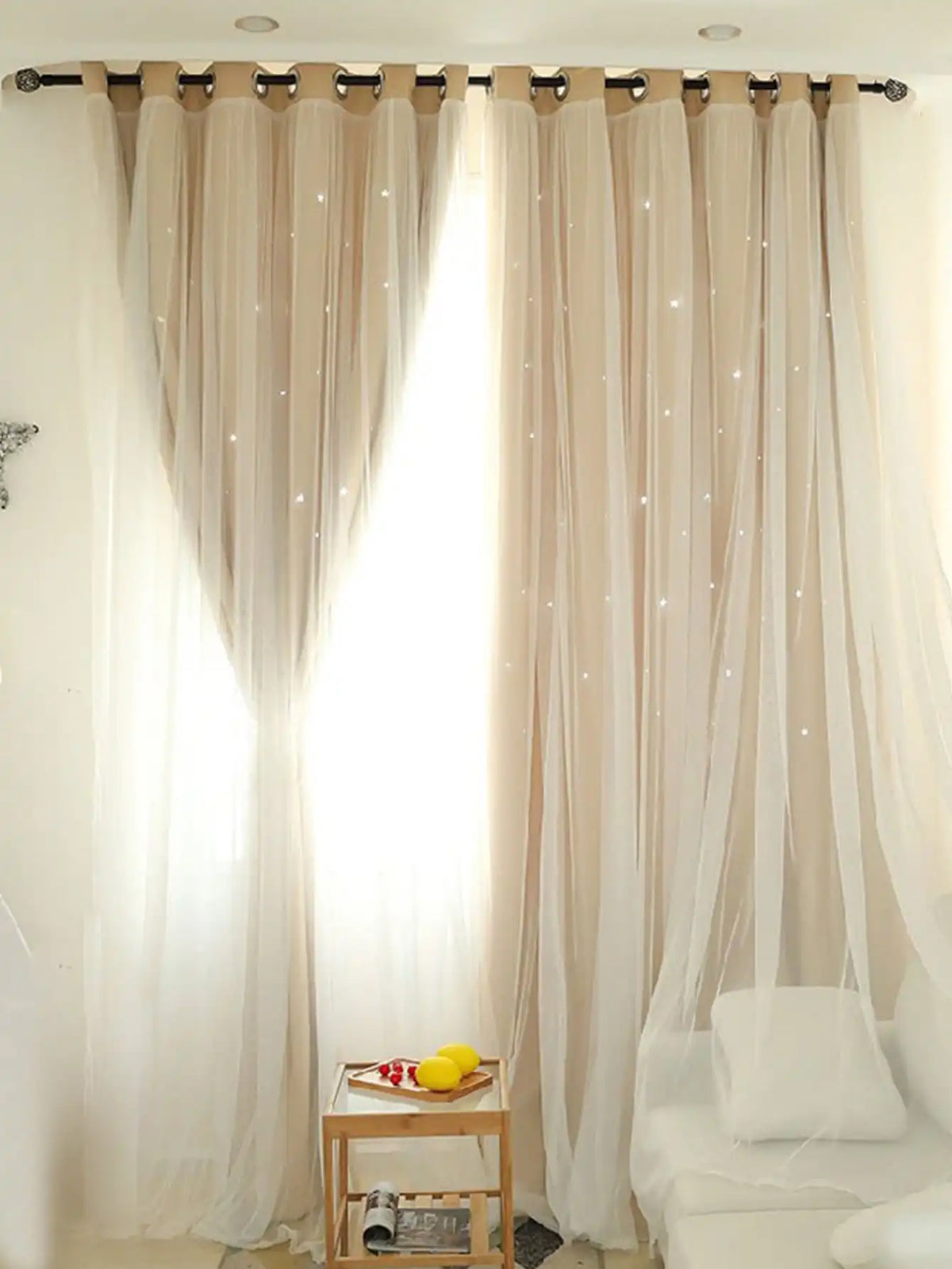 Beige Star Perforated Sheer Curtain with Blackout Lining