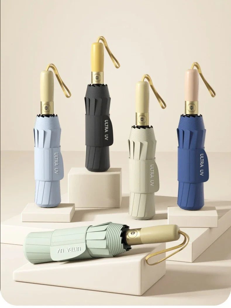 A set of five Storm-Ready Automatic Folding Umbrellas in various colors, including light blue, gray, and purple.