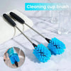 A set of three blue cleaning cup brushes with long handles and a close-up of the brush head