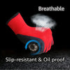 Red breathable work gloves with a black cuff and blue grip feature for slip-resistant and oil-proof protection
