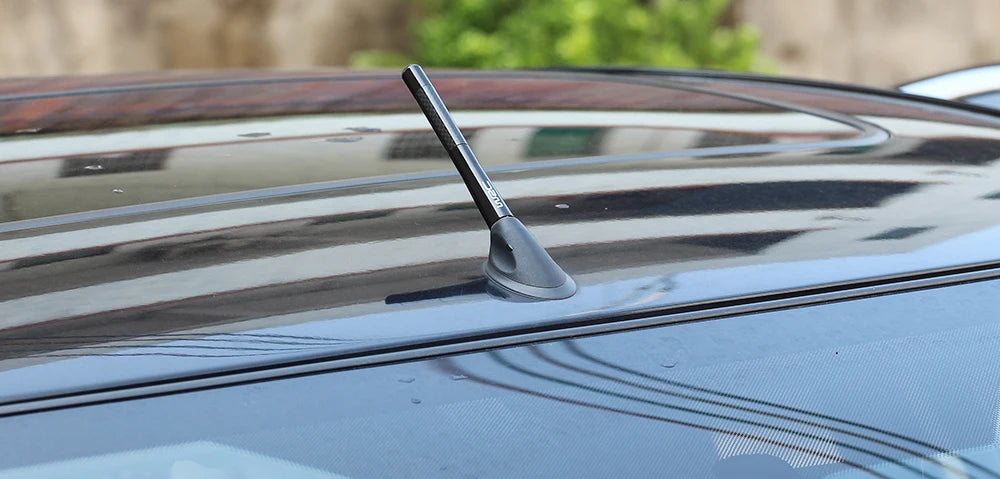 A close-up view of a carbon fiber short radio antenna mounted on the roof of a car.