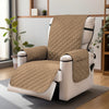 A beige waterproof non-slip recliner sofa cover with side pockets shown on a white recliner chair.